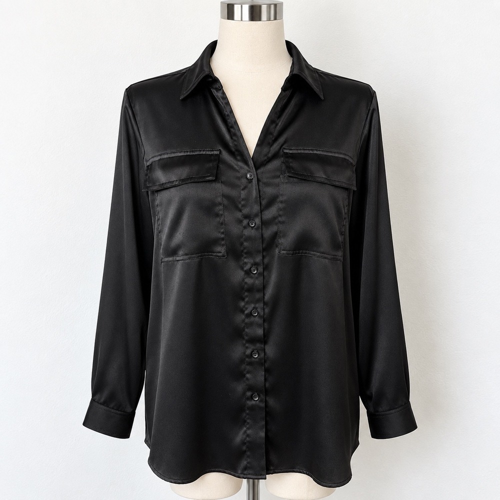 Simply Vera Vera Wang Black Satin Button Down Blouse Long Sleeve Pockets Large